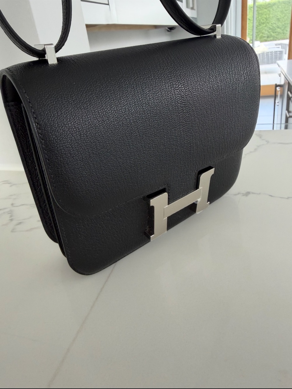 Hermes Black Leather Constance Bag with Silver H Hardware
